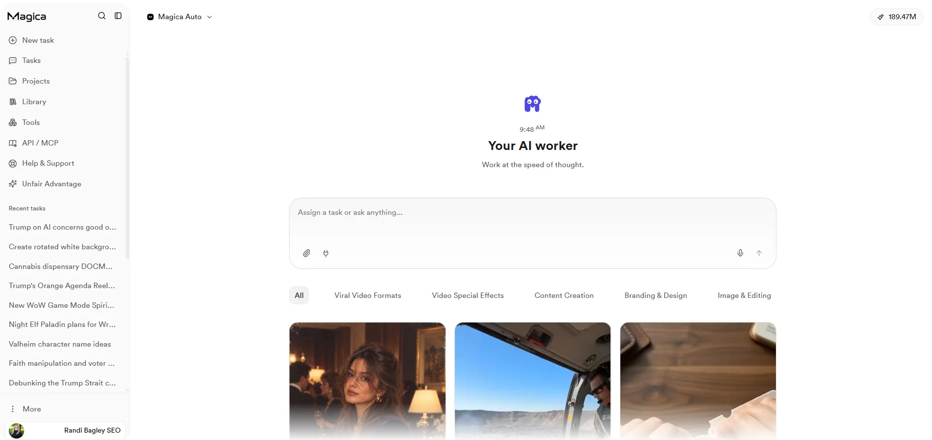 Magica AI dashboard showing the updated AI workspace