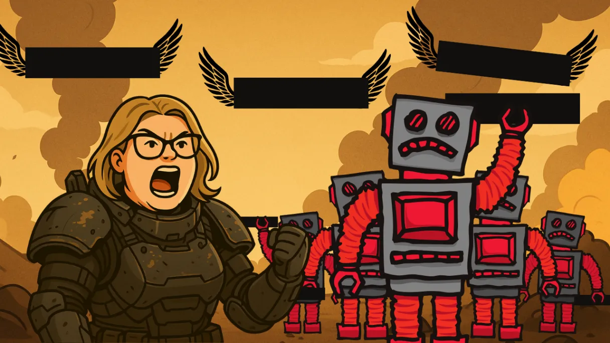 Comic illustration of Randi in armor facing robots under a sky full of flying dash marks
