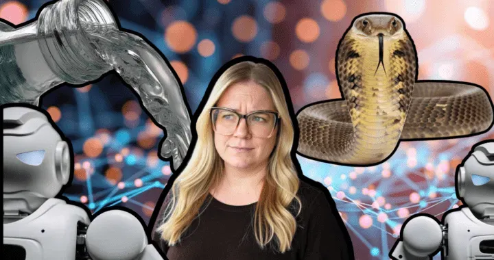 Randi Bagley centered in a playful digital collage with robots, a snake, and a colorful technology background