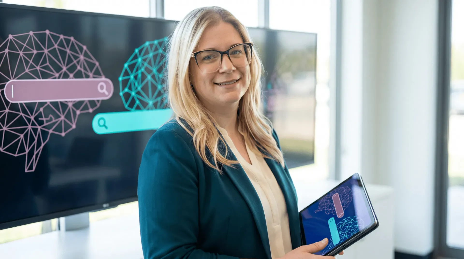 Randi Bagley standing beside a search interface illustration with pink and teal network graphics